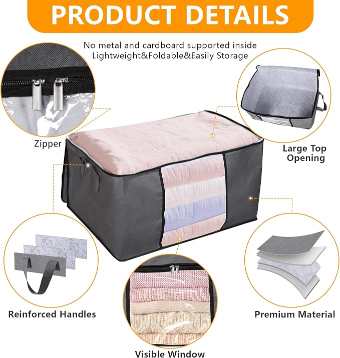 90L Large Blanket Storage Bags, 8 Pack Clothes Storage Bag Comforter Storage Bin - Image 3