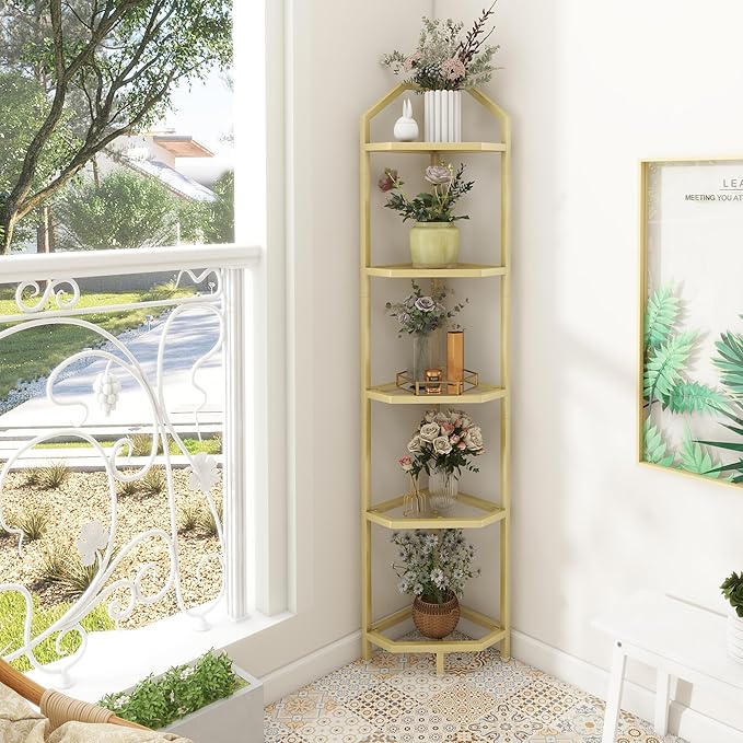 5-Tier Corner Shelf Stand, Bathroom Storage Rack Shelf, Plant Rack, Tempered - Image 5