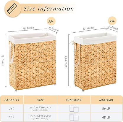 Handwoven Slim Laundry Hamper, 75L Narrow Laundry Basket, Natural Water - Image 2