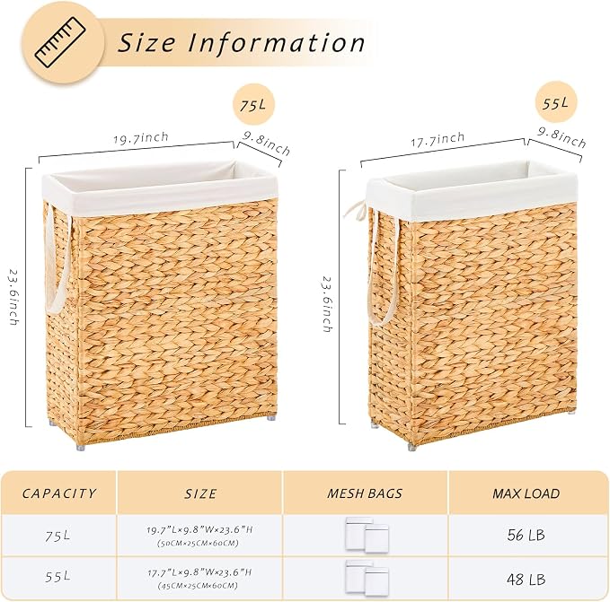 Handwoven Slim Laundry Hamper, 55L Narrow Laundry Basket, Natural Water - Image 2