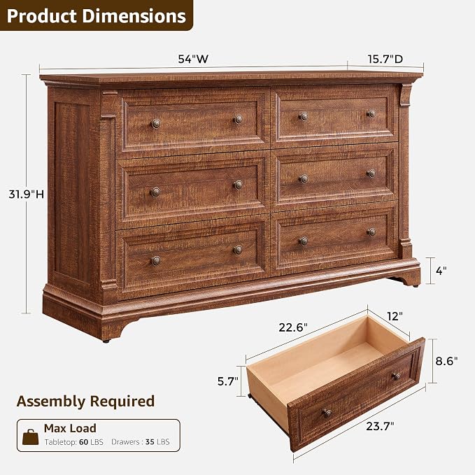 Farmhouse 6 Drawers Dresser for Bedroom, Wooden Dresser TV Stand - Image 2