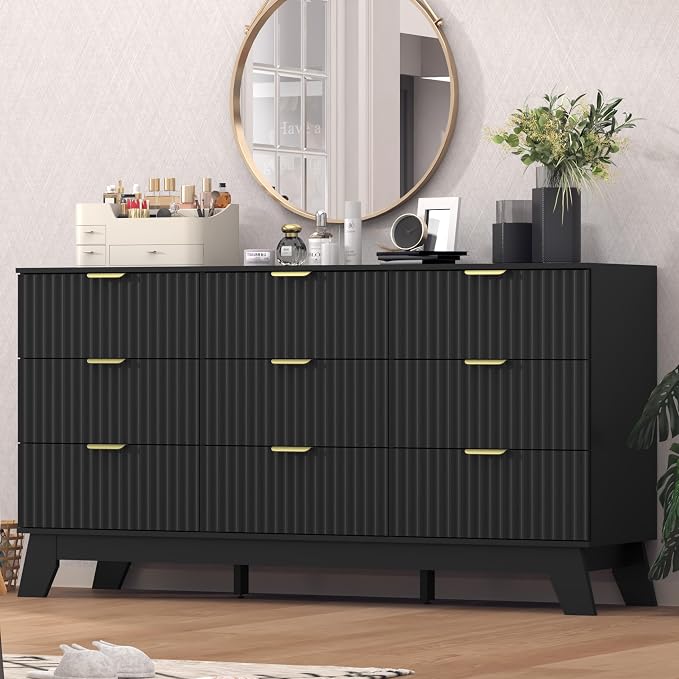 Fluted Black Dresser for Bedroom, 9 Drawer Dresser for Closet, TV Stand by Thacuok