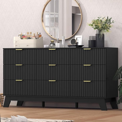 Fluted Black Dresser for Bedroom, 9 Drawer Dresser for Closet, TV Stand by Thacuok