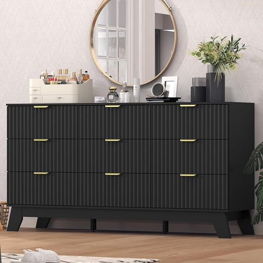 Fluted Black Dresser for Bedroom, 9 Drawer Dresser for Closet, TV Stand by Thacuok