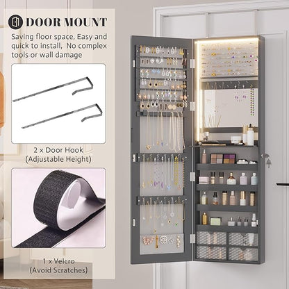 Vlsrka 47.2" LED Grey Jewelry Mirror Cabinet, Wall/Door Mounted Jewelry Armoire - Image 6