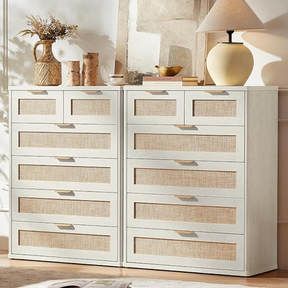 LEYAOYAO White Dresser for Bedroom Set of 2, Modern 6 Drawers Boho Rattan - Image 9