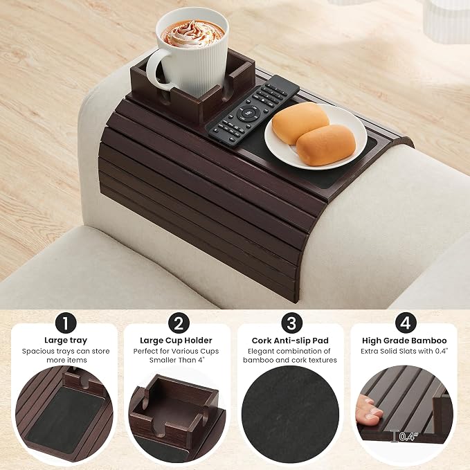 Bamboo Couch Cup Holder, Foldable Sofa Arm Tray, Anti-Slip Couch Aremrest Tray - Image 4