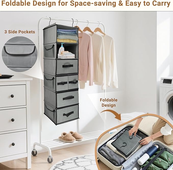 6-Tier Hanging Shelves with 5 Drawers & 3 Side Pocket, Durable Fabric Hanging - Image 6