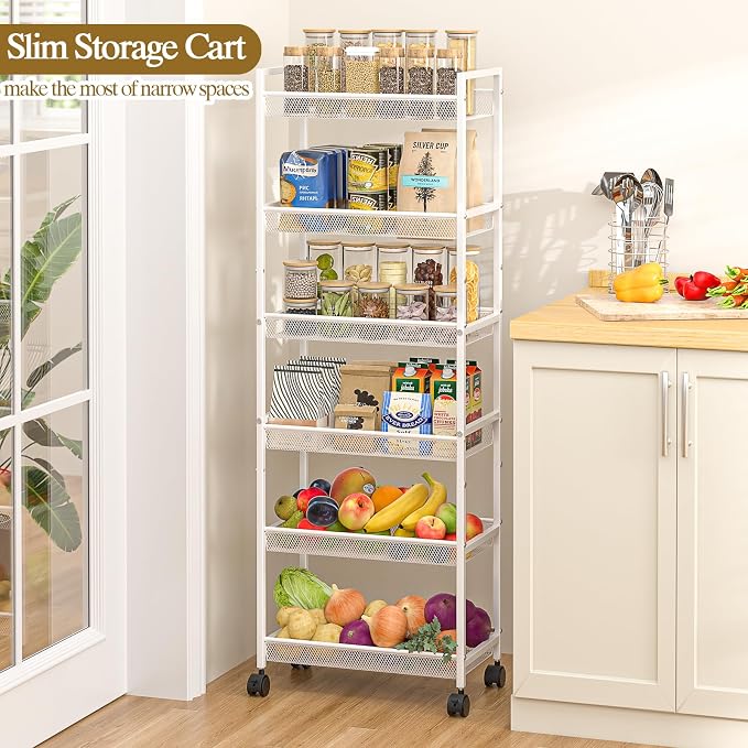 6 Tier Slim Rolling Storage Cart, Narrow Mobile Shelving Unit Organizer Utility - Image 3
