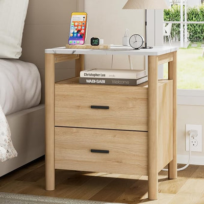 Night Stand with Charging Station, 2 Drawers End Table with Solid Round Post by FavourLife