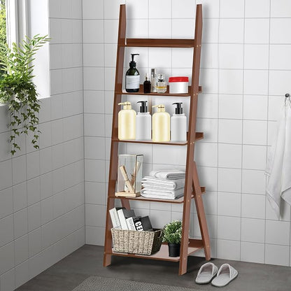 DOUSY-5-Tier Ladder Shelf Bookcase, Bamboo Ladder Bookshelf Leaning Book Shelf - Image 8
