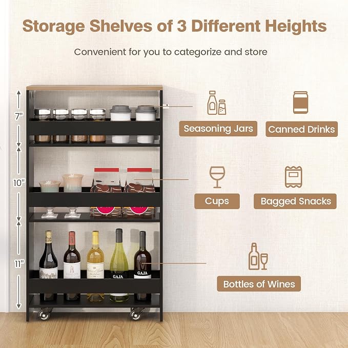 Slim Rolling Storage Cart, 4 Tier Narrow Kitchen Cart - Image 3
