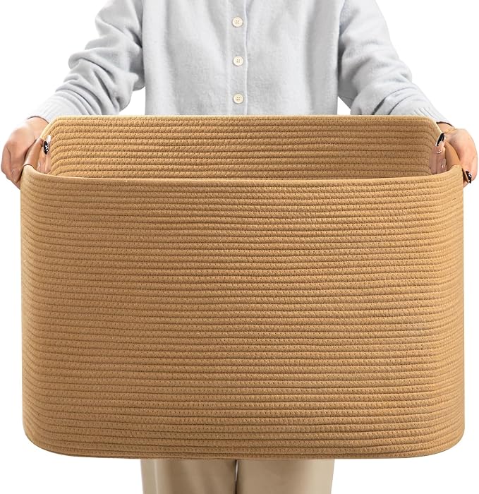 danpinera Large Blanket Basket for Living Room, 72 L Woven Cotton Rope Baskets by danpinera