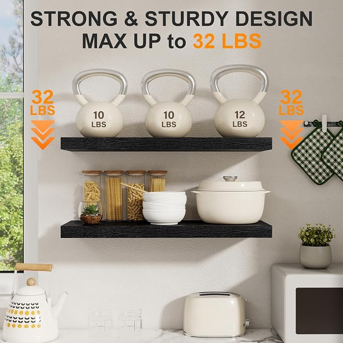 Black Floating Shelves for Wall, 27.5 Inch Bathroom Shelves Set of 2, Rustic - Image 4