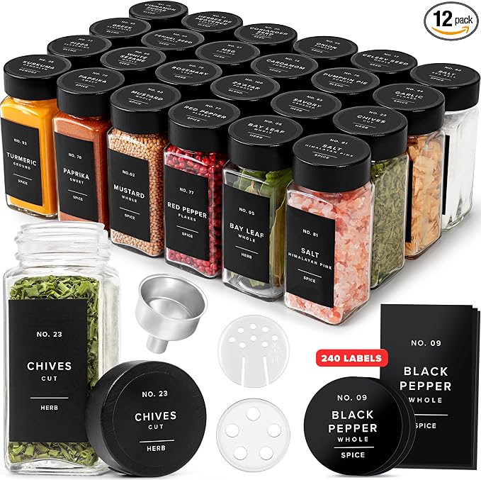 Square Spice Jars with Black Bamboo Wooden Lid Spice Jars with Shaker Insert by EDELHAUS