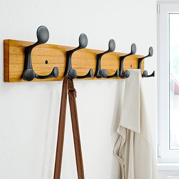 SKOLOO 24-Inch Light Brown Wood Coat Rack Wall Mount - Image 2