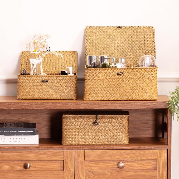Nonam Storage Basket with Lid, Natural Seagrass Bin with Lid Set of 3, Shelf - Image 5