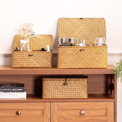 Nonam Storage Basket with Lid, Natural Seagrass Bin with Lid Set of 3, Shelf - Image 5