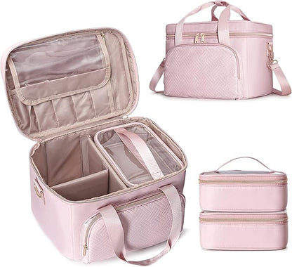 Travel Makeup Bag with 2 Pouches and Adjustable Dividers, Large Cosmetic Case by Prokva