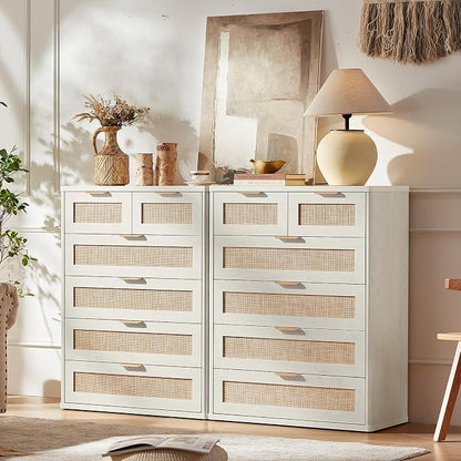 LEYAOYAO White Dresser for Bedroom, Modern 6 Drawers Boho Rattan Dressers - Image 2