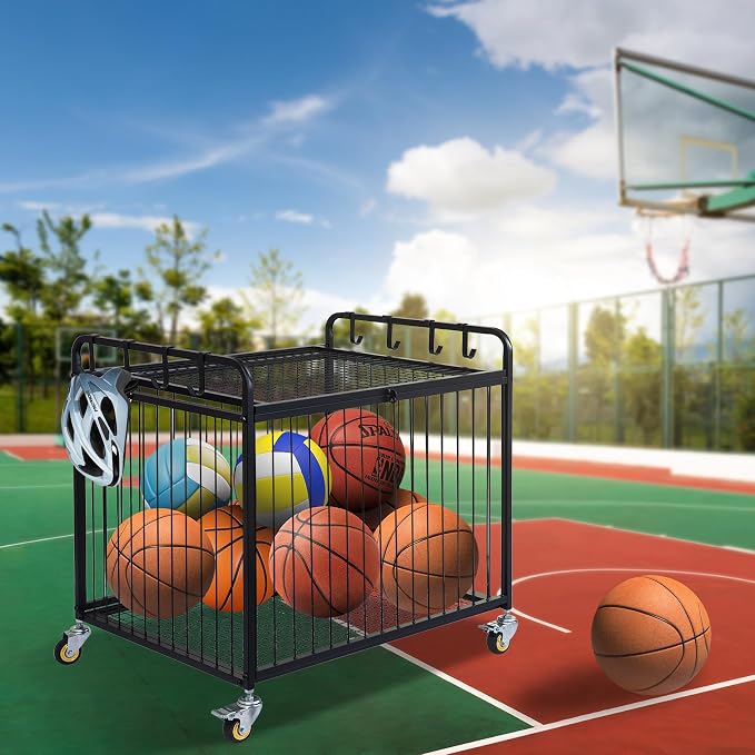 Matt Black Metal Rolling Cart Ball Gym Equipment Sports Gear Storage Portable - Image 7