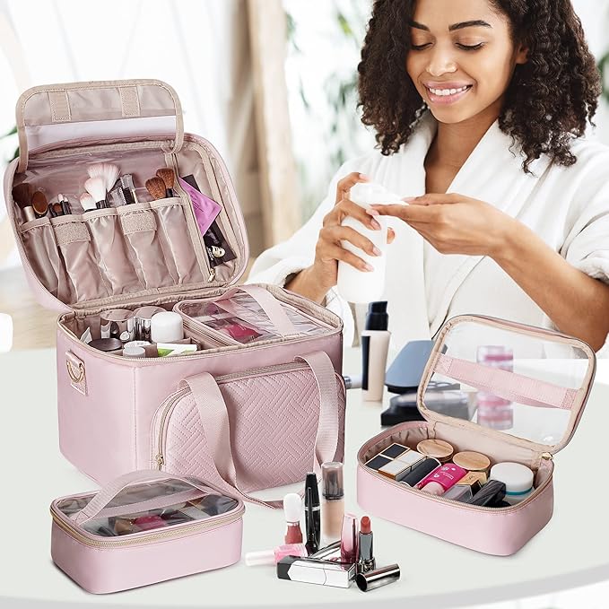 Travel Makeup Bag with 2 Pouches and Adjustable Dividers, Large Cosmetic Case - Image 7