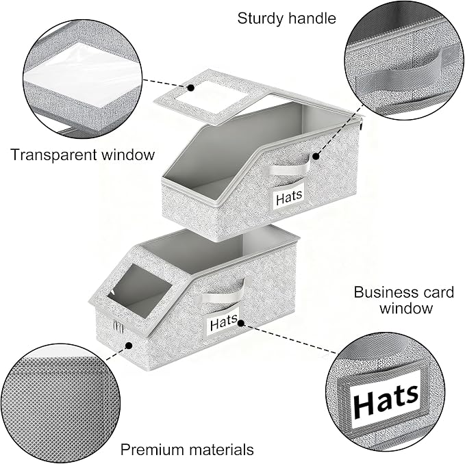 Space-Saving Hat Box with Clear Window Zipper Lid 2-Pack Stackable Closet Hat - Image 3