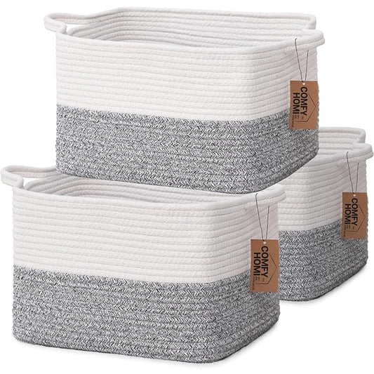 COMFY-HOMI 3-Pack Cotton Rope Woven Rectangular Basket by COMFY-HOMI