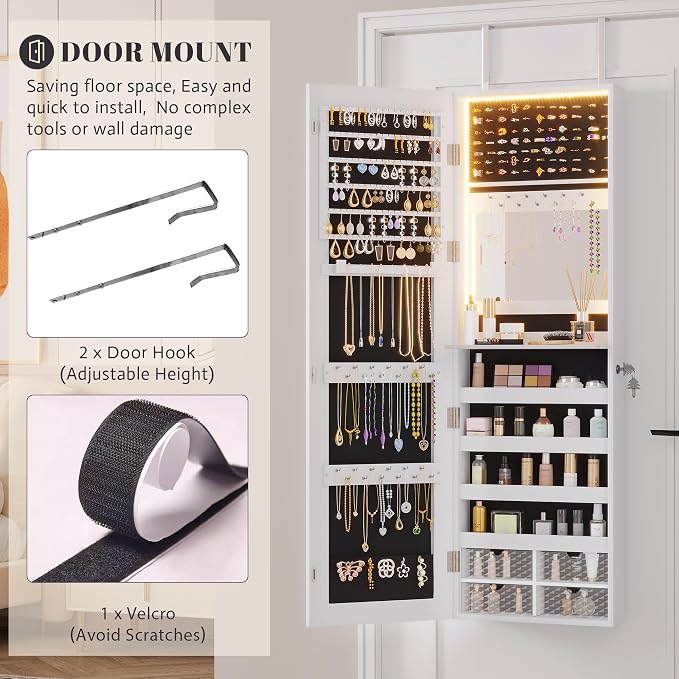 Vlsrka 47.2" LED Jewelry Mirror Cabinet, Wall/Door Mounted Jewelry Armoire - Image 6
