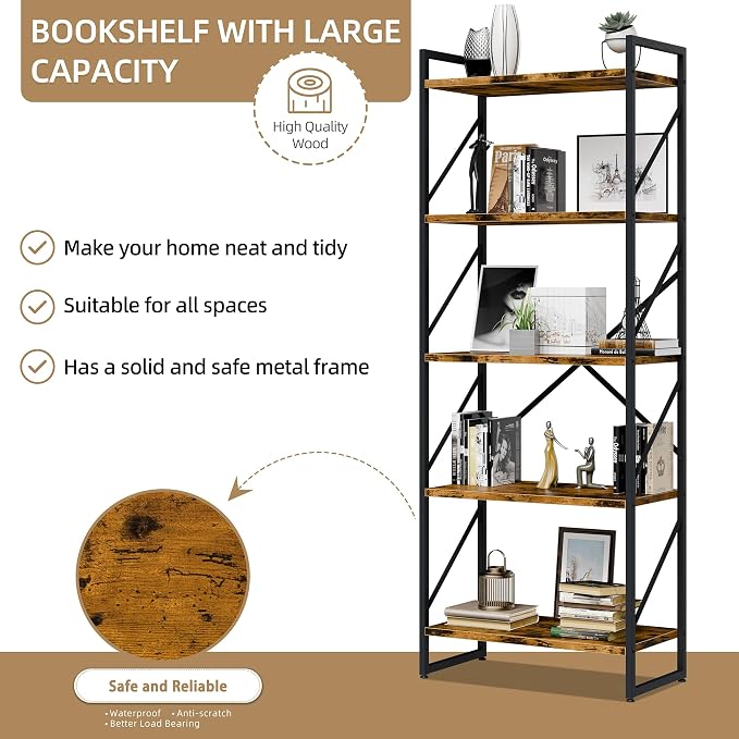 Vongrasig 5 Tier Bookshelf, Modern Tall Bookcase, Industrial Book Shelves - Image 4