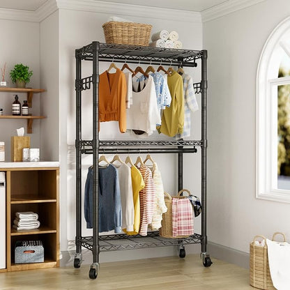 Heavy Duty Clothes Rack Rolling Garment Rack, 3 Tier Adjustable Wire Shelving - Image 3