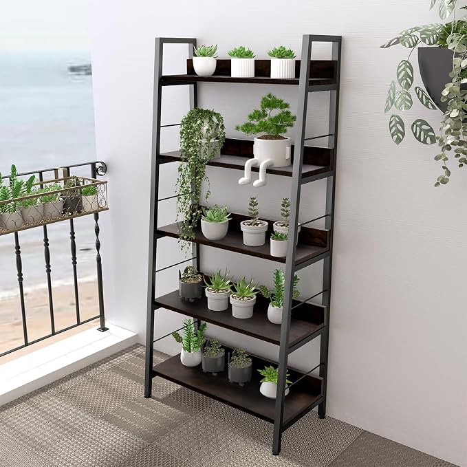 Himimi Ladder Bookshelf, 5 Shelf Bookcase Industrial Bookshelf Wood and Metal - Image 7