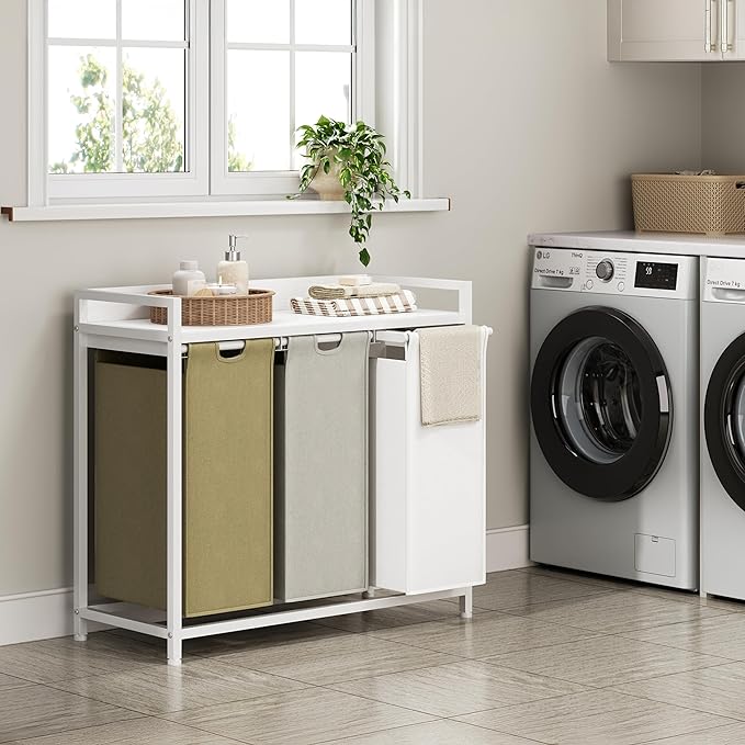 Laundry Hampers with Shelf, Laundry Basket 3 Section, Laundry Sorter with - Image 2