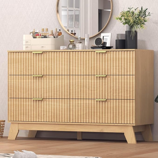 Fluted Dresser for Bedroom, 6 Drawer Dresser for Closet, TV Stand, Storage by Thacuok
