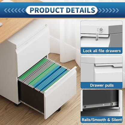 File Cabinet 2 Drawers on Wheels Under Desk, Locking Filing Cabinets - Image 5