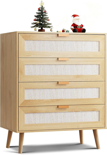 WLIVE Rattan Dresser for Bedroom, 4 Drawer Wooden Boho Dresser Storage by WLIVE