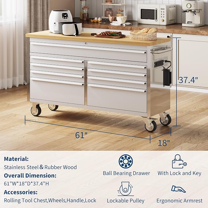 61 in Tool Chest, Tool Box Mobile 9 Drawers Storage Rolling Cabinet - Image 3