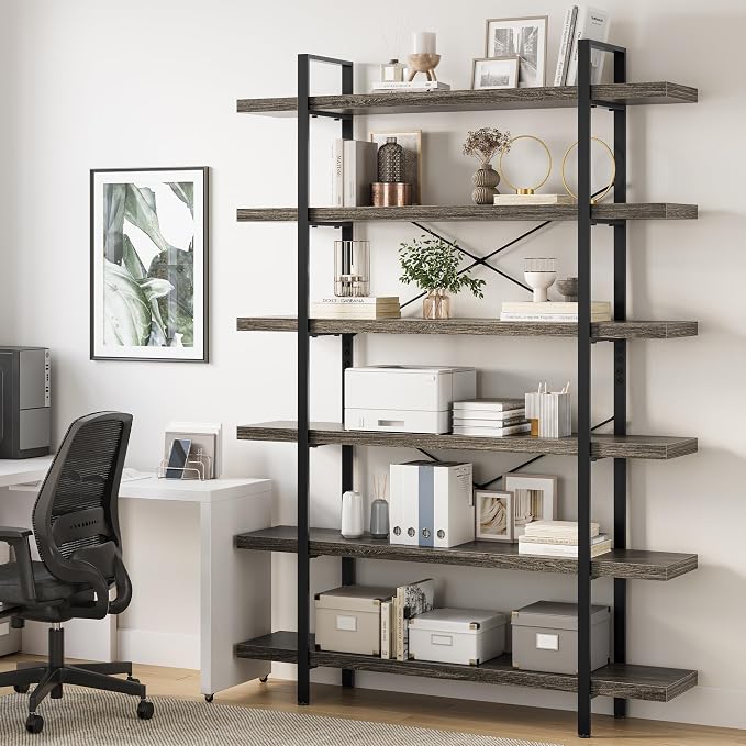 Heavy Duty 6-Tier Industrial Bookcase, 120lbs Shelf Capacity, Rustic Open - Image 6