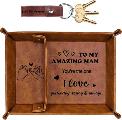 Gifts for Him, PU Leather Valet Tray and Keychain, Husband Birthday Gift Ideas by Funistree
