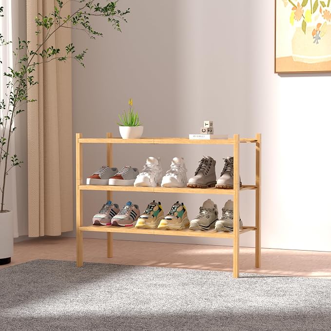 3 Tier Bamboo Shoe Rack for Closet Free Standing Wood Shoe Shelf Storage - Image 2