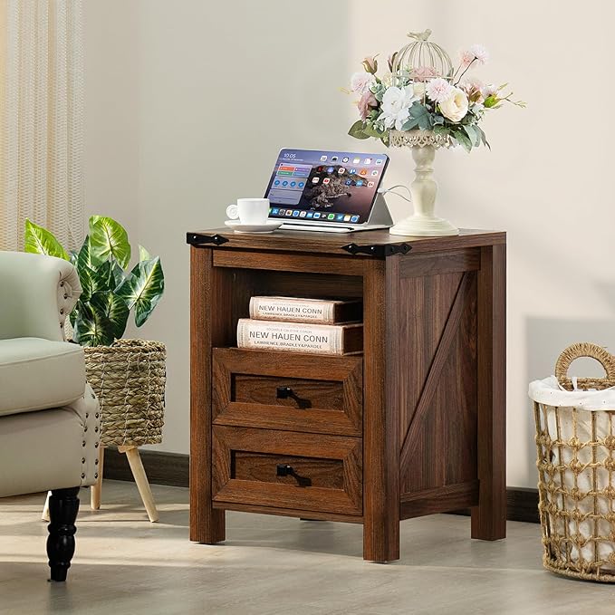 Nightstands Set of 2 with Charging Station, Farmhouse Side End Table with 2 - Image 2