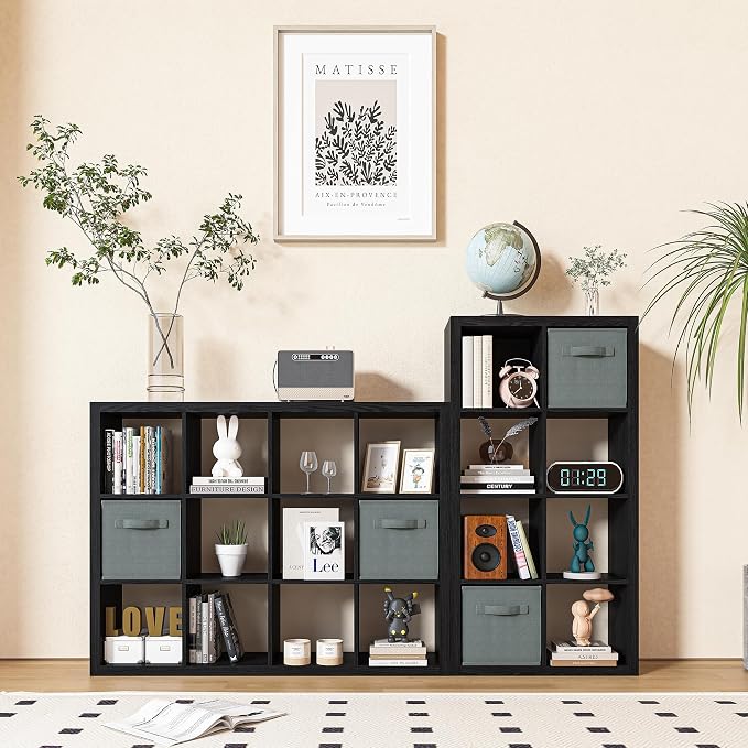 Bookshelf with Storage Bins, 8-Cube Storage Organizer, Modern Black Bookshelf - Image 5