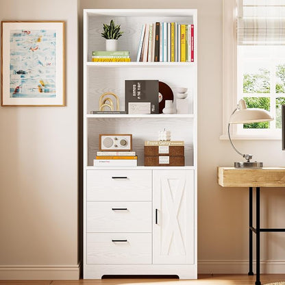 IRONCK Bookshelf with Door and 3 Drawers, 71in Tall Bookcase Shelf with 3-Tier - Image 5
