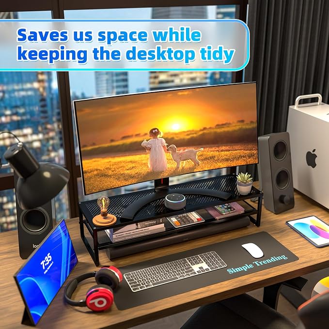 Simple Trending 2 Tier Metal Dual Monitor Stand Riser, Computer Office Desktop - Image 2