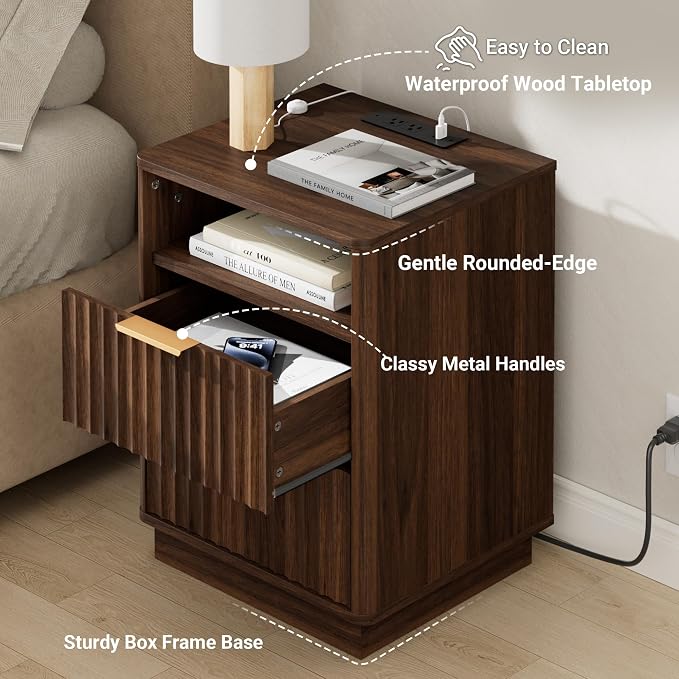Fluted Night Stand with Charging Station, 2 Drawers End Table with Storage - Image 5