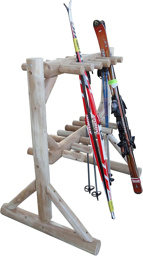 11-Place Freestanding Log Ski Rack Holder, Indoor & Outdoor Snowboard Racks - Image 4
