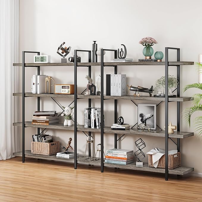 Bookshelf Set of 2, Heavy Duty 4-Tier Industrial Bookcase, 120lbs Shelf Capacity by OtterOasis