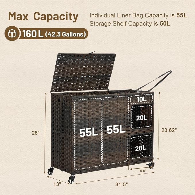 Laundry Hamper with Wheels, 42.3 Gal. Laundry Sorter with Shelves, Rattan - Image 3