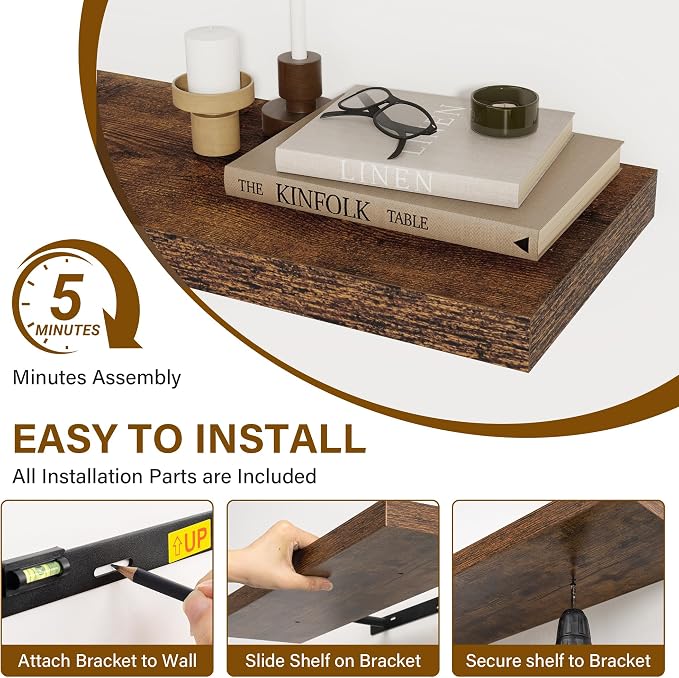 Floating Shelves for Wall, 27.5 Inch Bathroom Shelves Set of 2, Rustic Wood - Image 7