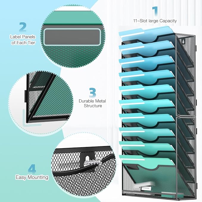 11-Tier Wall File Organizer Hanging Wall File Holder Wall Mount Paper Folder - Image 3